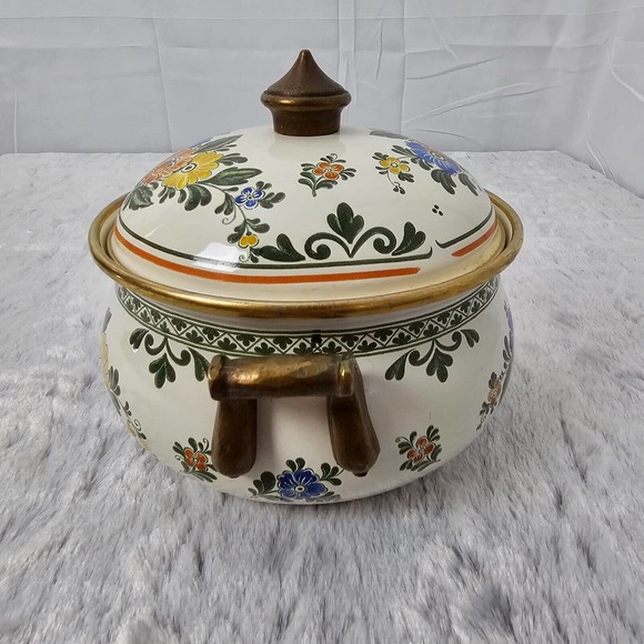 ASTA Kitchen Vtg Asta Enamel Cookware Old Amsterdam Brass 7 2qt Dutch Oven Casserole Floral